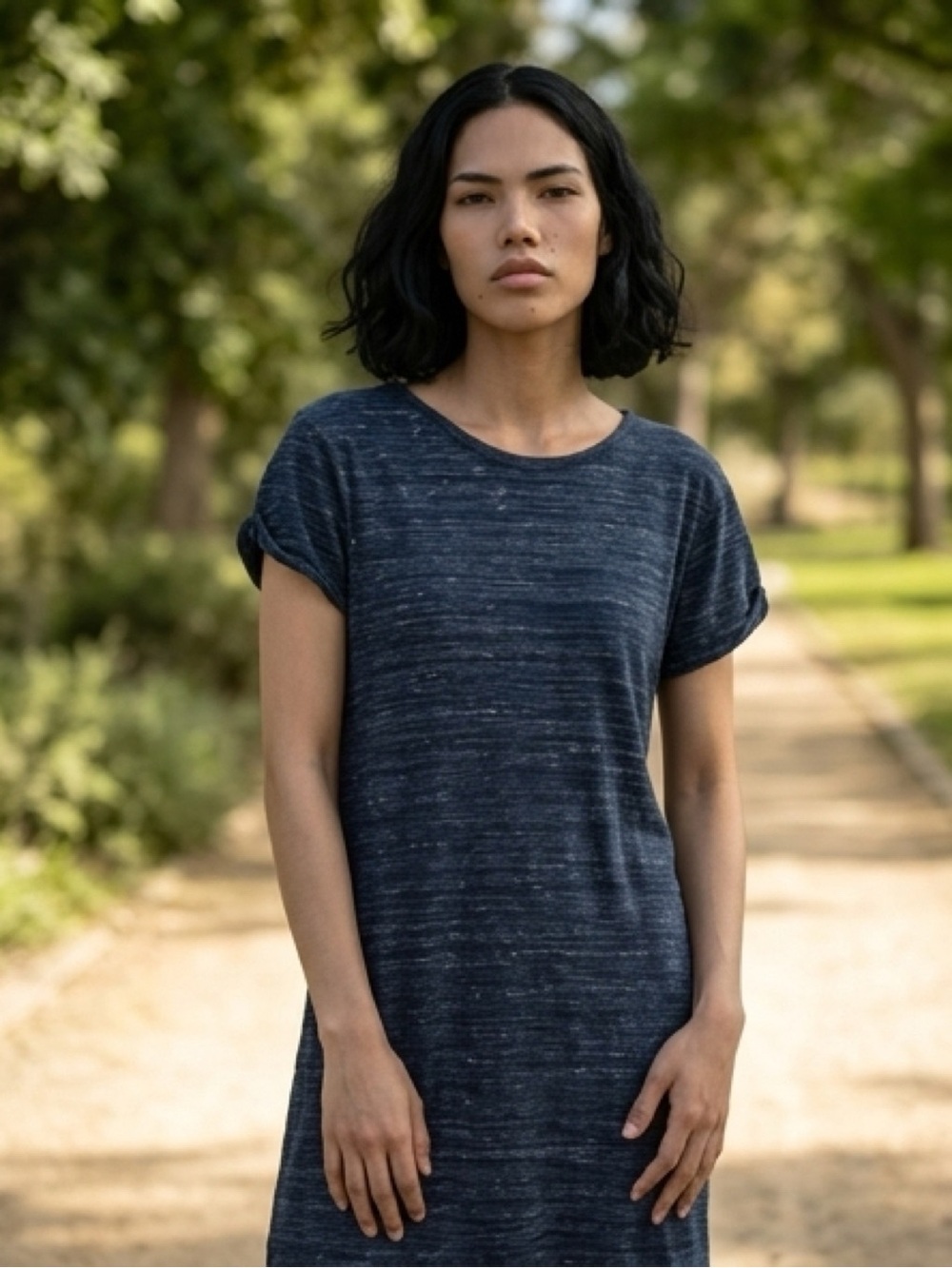 WOMEN’S PACT MARITINE NAVY MELANGE 100% ORGANIC COTTON T-SHIRT DRESS ROLL SLEEVE